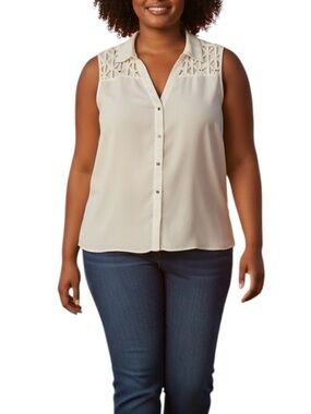 Thalia Sodi Button Up Sheer Top Women Medium White Collared Sleeveless Y2K Comfy